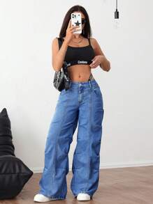 SHEIN ICON 女士褶皱口袋宽松阔腿休闲百搭牛仔裤 - 淺色水洗藍 - 查看 3