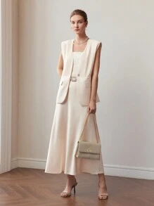 MOTF PREMIUM SOLID FLAP DETAIL SINGLE BUTTON PLACKET VEST JACKET WITHOUT BELT - Beige - View 8