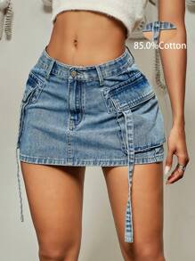 Y2K Street Flap Pocket Tape Detail Cargo Denim Mini Skirt Summer Hottie - Light Wash - View 1