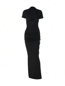 INAWLY Women's Solid Color Black Deep V-Neck Short Sleeve Maxi Ruched Bodycon Dress, Summer - Black - View 4