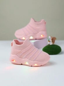 1双婴儿透气条纹布面运动鞋，带LED灯鞋底，套脚式学步鞋，户外休闲鞋 - 粉色 - 查看 1