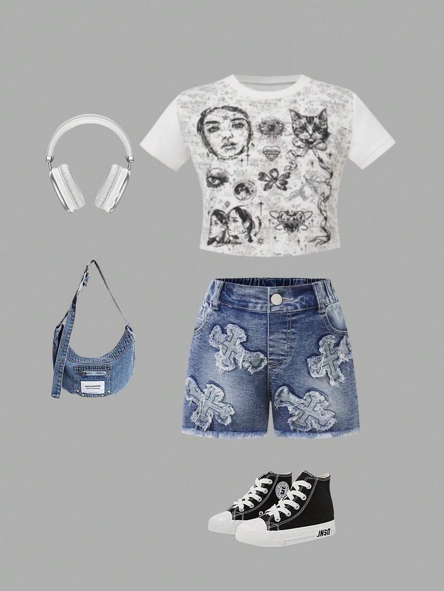 SHEIN YOUNG GIRL Y2K/BOLD//URBAN/STREET STYLE EARLY SPRING/SUMMER SEASON BUTTERFLY GRAFFITI ART WHITE T-SHIRT & CROSS PATTER PATCH WORK FIT RAW HEM DENIM SHORTS TWO PIECES SET - White - View 1
