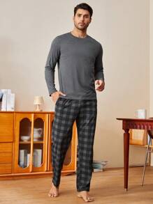 2pcs Men's Solid Color Crew Neck Long Sleeve T-Shirt And Plaid Pants Casual Pajama Set  Cozy And Elegant Details, Fall Winter Clothes