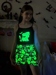 SHEIN Tween Girl Halloween Glow-In-The-Dark Cartoon Print Camisole & Shorts Knit Comfortable Casual Pajamas 2-Piece Set, Mommy And Me Matching Outfits (3 Sets Sold Separately)