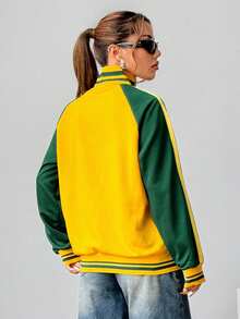 SHEIN Unity Áo khoác bomber nữ in hình tay áo Raglan thông thường - Màu vàng - Xem 2