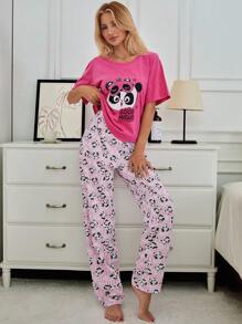 RueChic Ensemble pyjama femme avec t-shirt à manches courtes imprimé lettres et panda de dessin animé, et pantalon