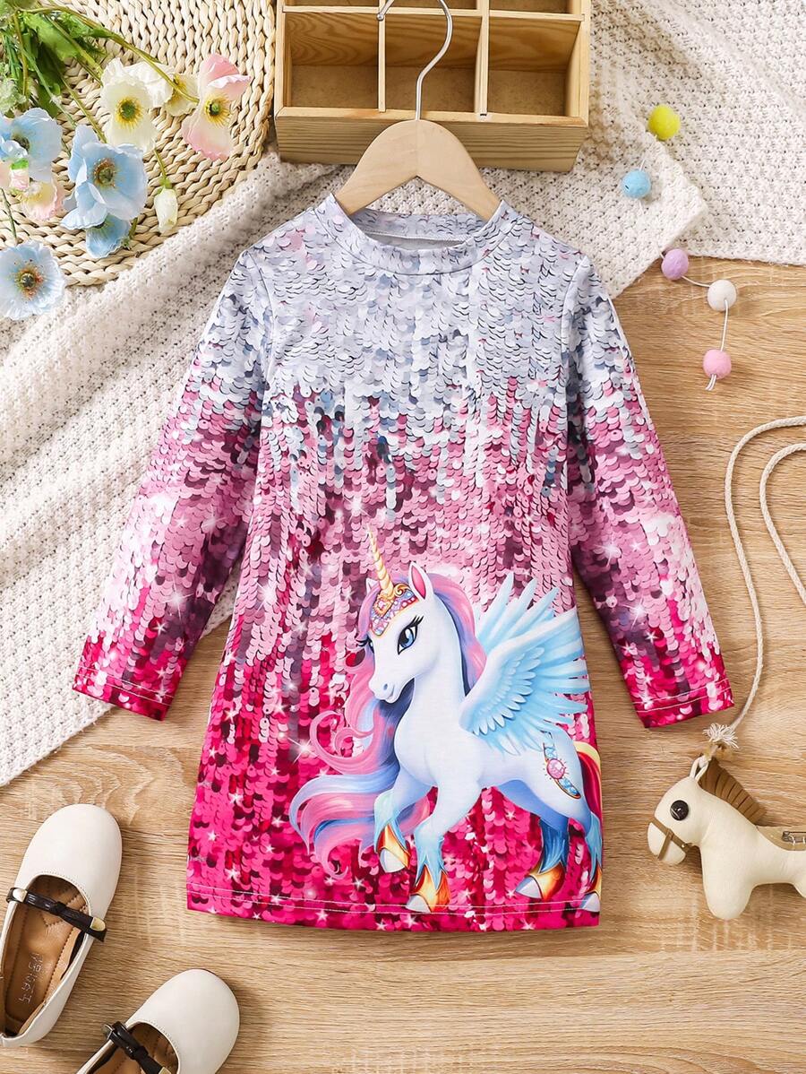 SHEIN Young Girl Cute Unicorn Gradient Print Dress - Multicolor - View 1