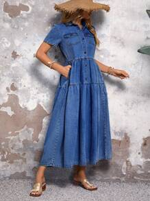 SHEIN LUNE Váy denim ngắn tay đơn giản màu trơn cho nữ - Rửa tối - Xem 6