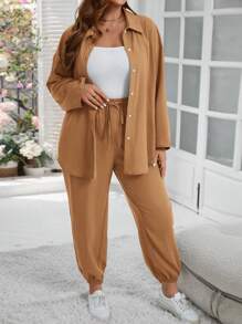 SHEIN LUNE 2 chiếc Plus Size Nút Xuống Áo dài tay rộng và dây rút Chân thẳng Bộ quần âu - Màu nâu  Mocha - Xem 6