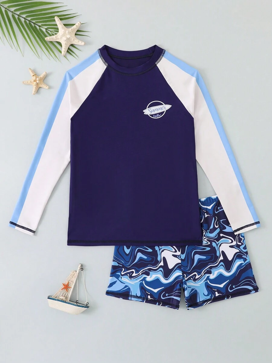 Tween Boys Swimwear With Sleeve Print And Random Printed Lining - Multicolor - View 1