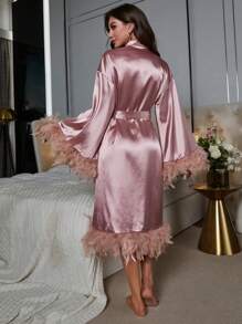 Fuzzy Trim Belted Satin Robe Luxeloungewear - Dusty Pink - View 2
