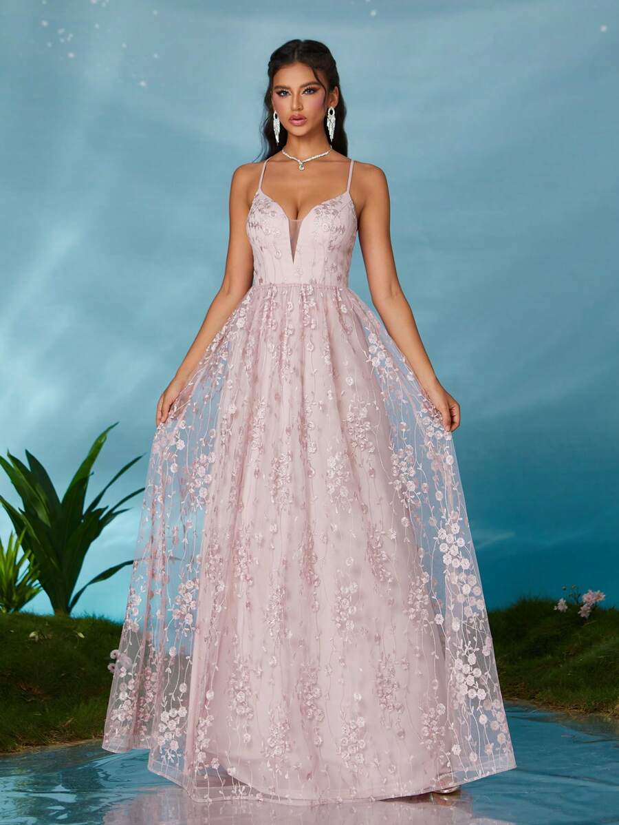 Váy Maxi Ren Thêu Cổ Chữ V Hở Lưng Dây Đeo Spaghetti, Váy Xòe Gợi Cảm, Váy Dự Tiệc, Váy Khách Cưới, Váy Trang Trọng, Váy Dạ Hội - Bụi hồng - Xem 1