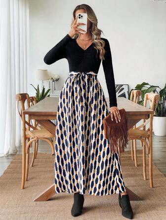 SHEIN VCAY Women's Vacation Striped V-Neck Long Sleeve Fitted Dress