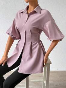 Mulvari Einfarbige Hemd mit Kordelzug, Knopfleiste vorne und Knöpfen an der Seite