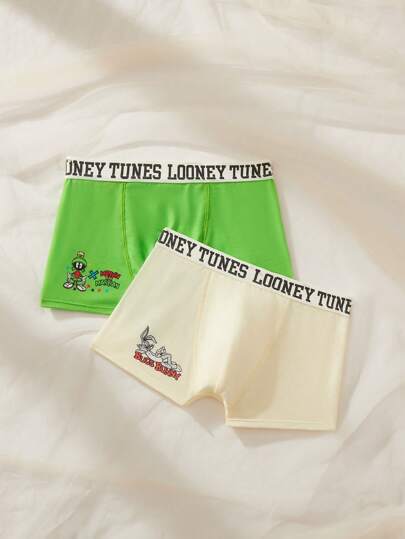 LOONEY TUNES X SHEIN Tween Boy 2 条装绿色和米色舒适彩色运动基本款卡通印花平角内裤