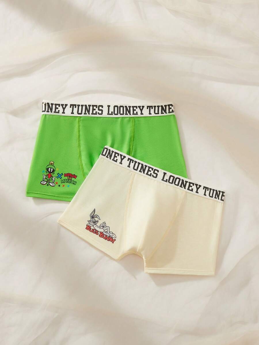 LOONEY TUNES X SHEIN Quần lót Boxer Tween Boy 2 chiếc màu xanh lá cây và màu be thoải mái, nhiều màu sắc, thể thao, cơ bản, in hình hoạt hình - Nhiều màu - Xem 1