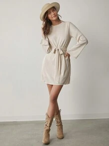 Enchnt 女士纯色简约日常圆领长袖前系带连衣裙 - 綠色 - 查看 1