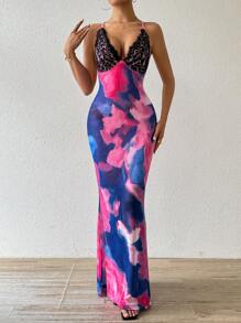 Zolique Tie-Dye & Lace Contrast Backless Spaghetti Strap Sleeveless Dress - Blue - View 4