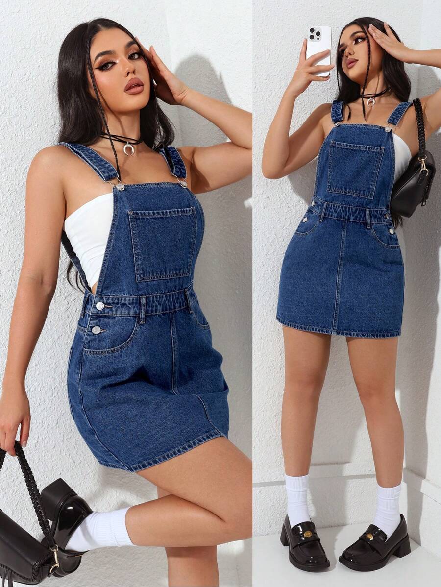 SHEIN EZwear 女士夏季口袋休闲宽松牛仔连衣裤 - 藍色 - 查看 1