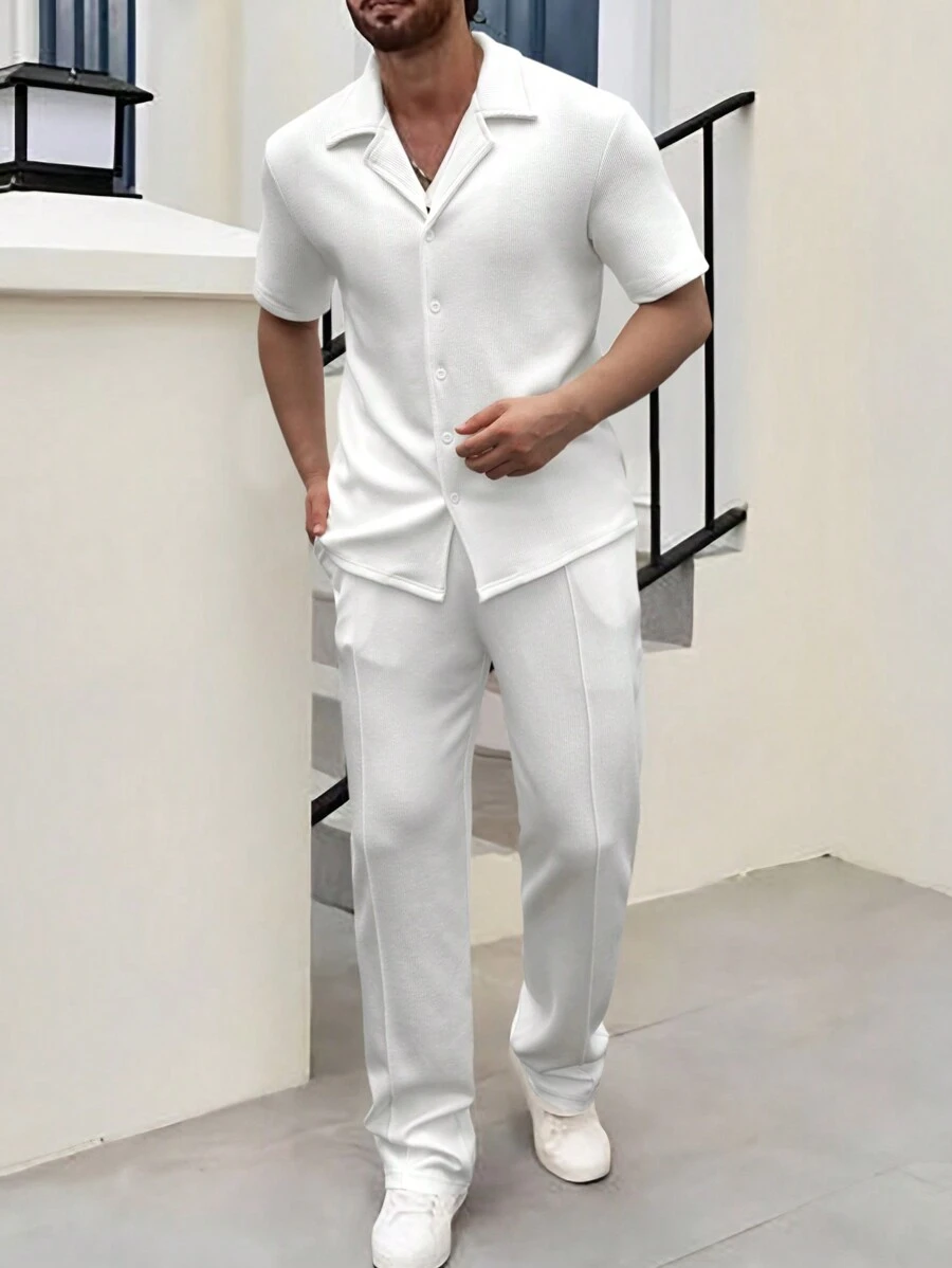 Manfinity Homme Men's White Short Sleeve Shirt And Trousers Set - White - View 1
