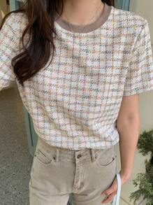 Dazy Star 女士纹理面料圆领格子印花短袖 T 恤 - 彩色 - 查看 7