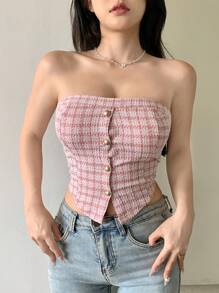 DAZY 女士夏季格子单排扣修身抹胸上衣外出上衣 - 粉色 - 查看 6