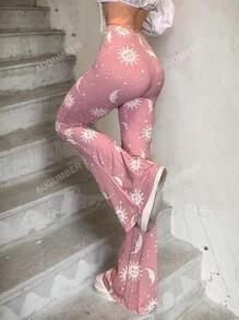 Ladies' Flared Pants With Sun And Moon Print