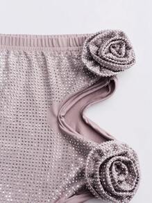 SHEIN Unity Women's Slim Fit Sequined 3D Flower Design Fashionable Hollow Skirt - Dusty Pink - View 3