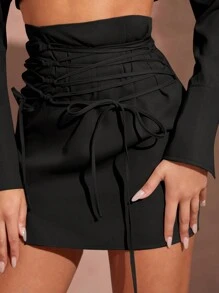 SHEIN BAE Khaki High Street Versatile Criss-Cross Lace-Up Super High Waist Fitted Slit Mini Skirt For Women - Black - View 6