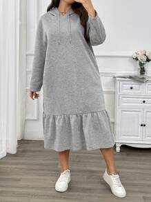SHEIN Privé 加大码舒适休闲简约连帽抽绳长袖荷叶边饰边灰色女式连衣裙 - 灰色 - 查看 5