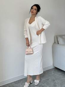 Chiquease 2pcs Solid Color Minimalist Long Sleeve Jacket & Dress Set For Women - Apricot - View 4