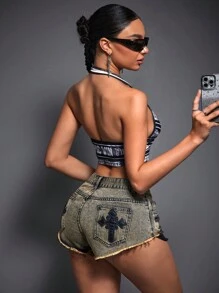 SHEIN ICON Summer Fashion Cross Embroidered Distressed Frayed Hem Ultra-Short Denim Shorts