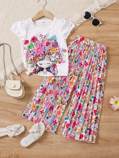 SHEIN 2pcs Young Girl Crew Neck Short Sleeve Top And Floral Print Straight Leg Casual Pants Set