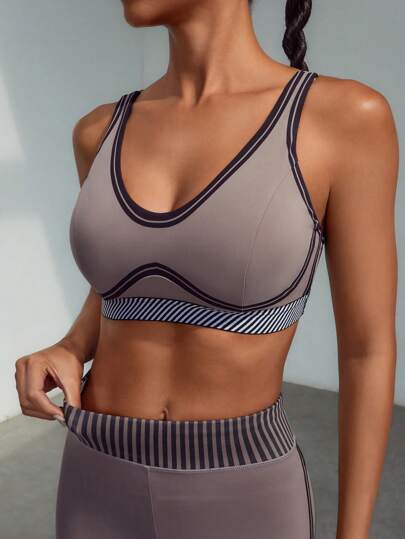 SHEIN Sports Women Striped Casual Fitness Sports Bra