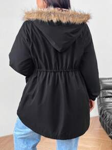 SHEIN EZwear Plus Size Women Hooded Long Sleeve Contrast Color Drawstring Fuzzy Trim Padded Coat