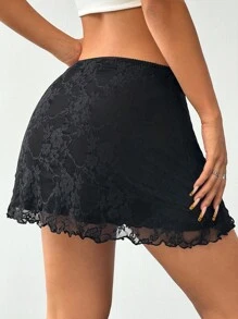 SHEIN EZwear 女士黑色性感撞色蕾丝设计时尚魅力优雅温柔裙子 - 黑色 - 查看 2