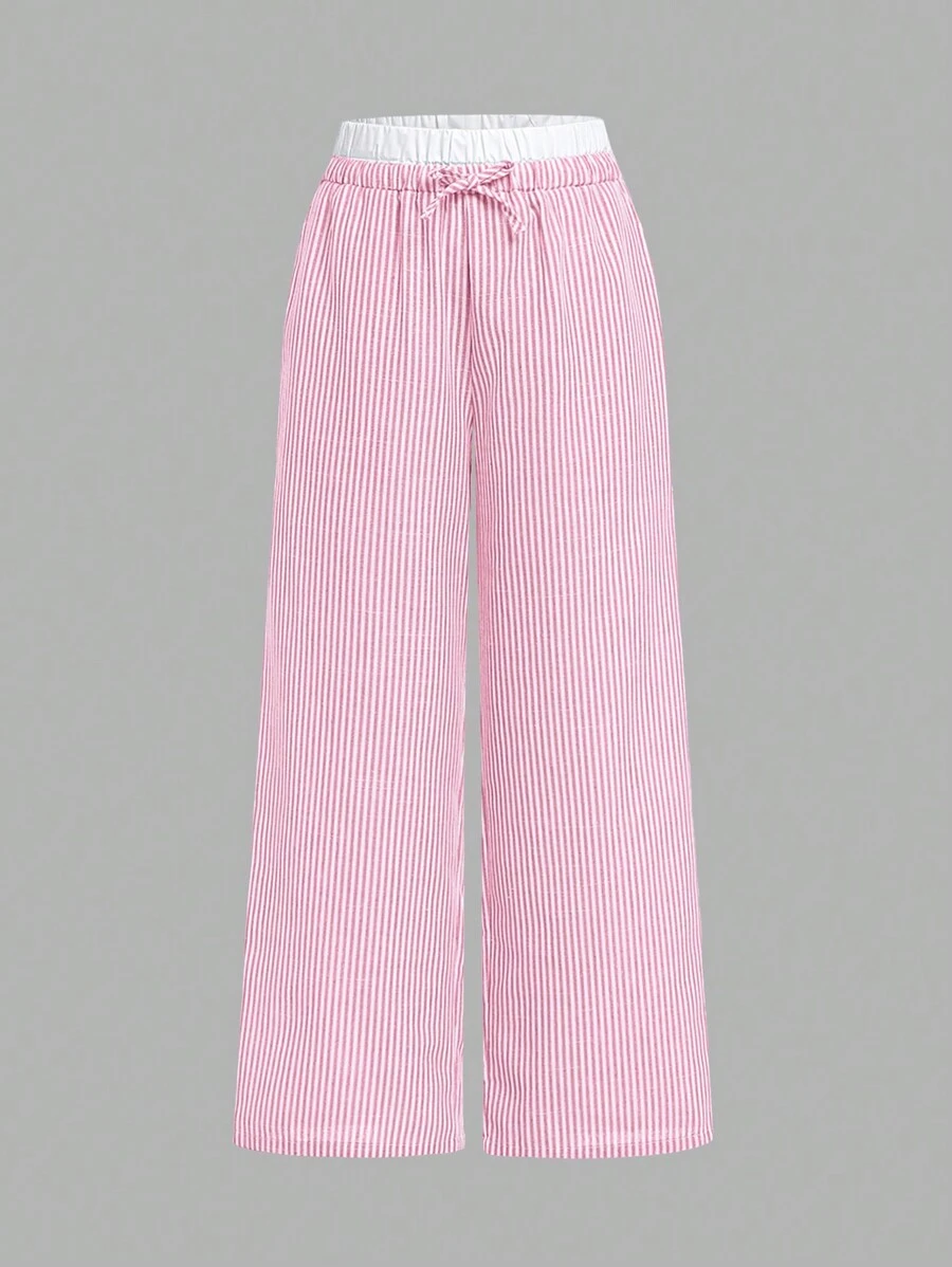 SHEIN Girlism Tween Girl Contrast Waist Simple Loose Casual Wide-Leg Trousers - Coral Pink - View 1