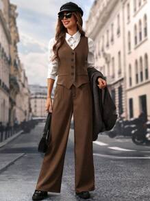 SHEIN X Angie Costa Chiquease Women's Solid Color V-Neck Single-Breasted Vest And Pants Casual Suit, Spring Summer - Brown - View 6