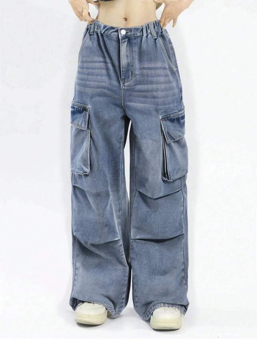 Y2K Wide Leg High Waisted Medium Washed Blue Jeans For Teenage Girls, With Multiple Pockets Design - Medium Wash - View 1