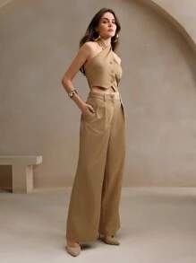 Anewsta Conjunto de 2 piezas de moda casual para mujer: Top sin mangas y pantalones de pierna ancha - Caqui - Ver 1