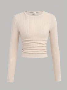 SHEIN Girlism Teen Girls Beige Rib Knit Ruched Waist Long Sleeve T-Shirt, Fall/Winter - Apricot - View 1