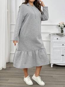 SHEIN Privé 加大码舒适休闲简约连帽抽绳长袖荷叶边饰边灰色女式连衣裙 - 灰色 - 查看 1