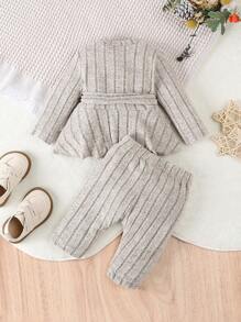 SHEIN Vintaside Kids Bé Gái Thường Ngày Sang Trọng Thanh Lịch Đơn Giản & Thoải Mái Viền Ren Áo Và Quần Kèm Thắt Lưng, Mùa Thu/Đông - Màu be - Xem 2