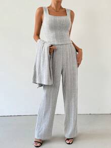 SHEIN Privé 3pcs Women Autumn Casual Ribbed Button Loose Cardigan, Square Neck Vest And High Waist Flare Leg Pants Set - Grey - View 3
