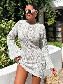 EURMUSE Women Long Sleeve Beige Cover Up Dress - Beige - View 2