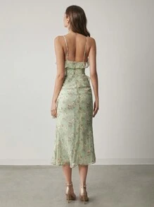 Enchnt Women Floral Print Ruffle Trim Spaghetti Strap Dress,Sweet&Elegant Outfit For Valentine's Day&Christmas Party&New Years&Birthday&Holiday &Sweet Date Night,Sage Green Dress