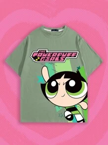 ROMWE MEN The Powerpuff Girls | ROMWE 男士卡通印花短袖圆领T恤，适合春夏季日常穿着、上学 - 綠色 - 查看 1