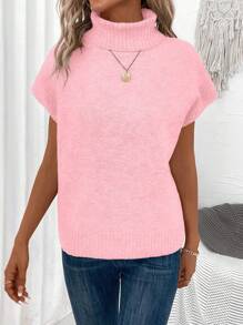 EMERY ROSE Women Simple Loose Fit Bat-Wing Sleeve Solid Color Turtleneck Sweater Vest - Pink - View 5