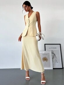 SHEIN Privé Set 2 áo ghi lê cổ chữ V + Váy đuôi cá đi làm thanh lịch - Màu Khaki - Xem 5