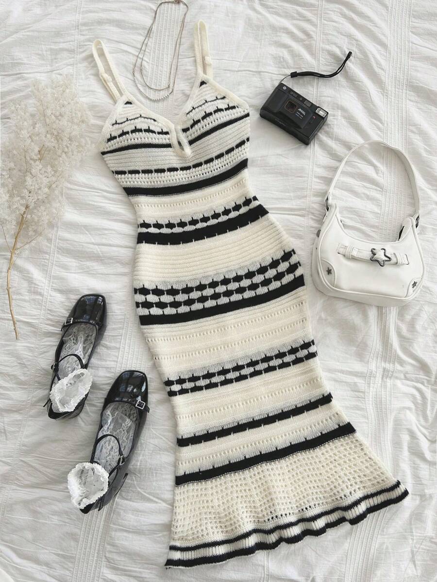 Soleia 女士黑白条纹针织度假吊带裙 - 黑與白 - 查看 1